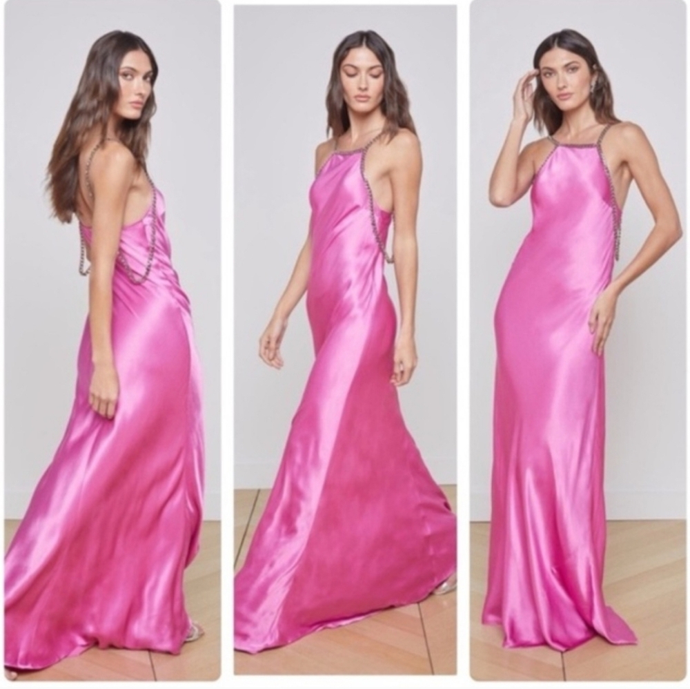 L'AGENCE Pink Satin Maxi Slip Dress with Chain Straps - Picture 2 of 7